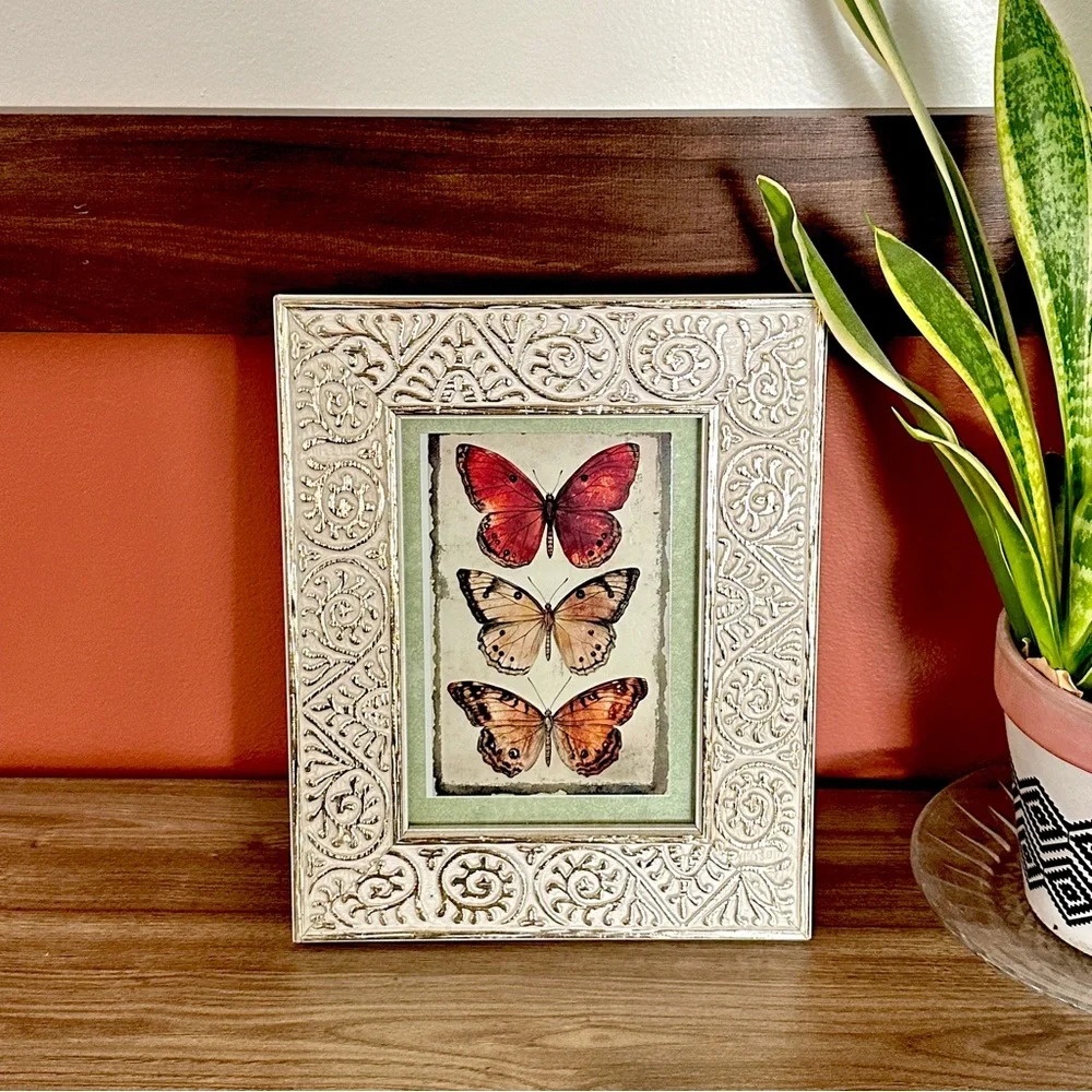 Bohemian Butterfly Vintage Style Postcard Art Print Framed Ornate Gold White